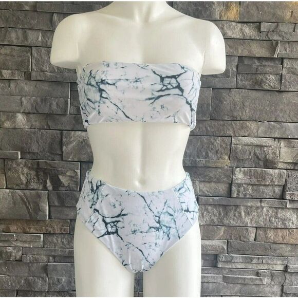 Zaful Marble Print‎ High Waisted Bandeau Bikini Set Size 4 - Picture 1 of 4
